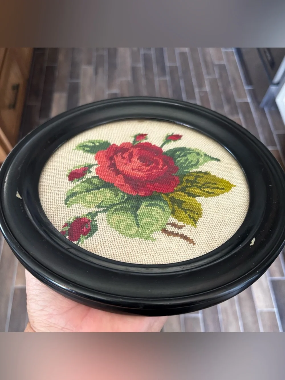 Needlepoint 1967 Red Rose Round Framed Wall Art 8.5” Vintage